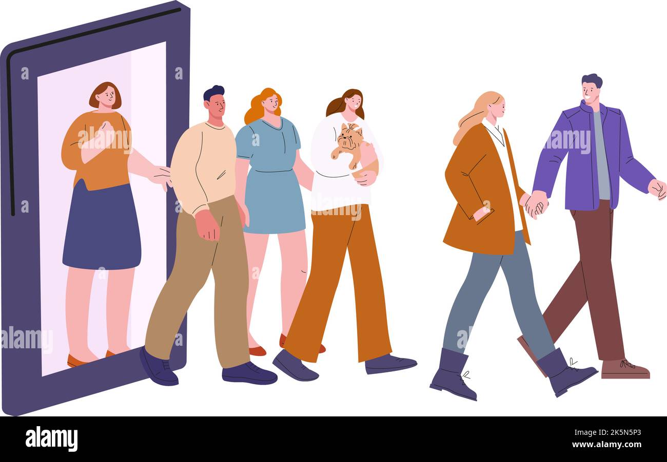 People leave smartphone. Digital addiction is over, cartoon woman man