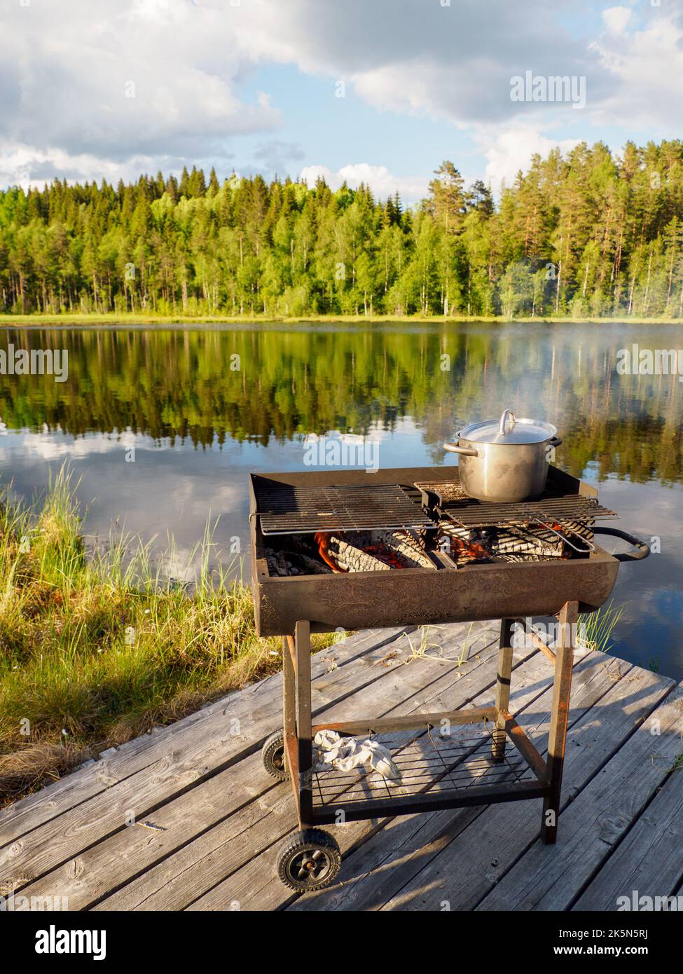 Party time. Grilling on the shores of the lake. Idyllic Swedish landscape in summer. Sweden. Northern Europe. Stock Photo