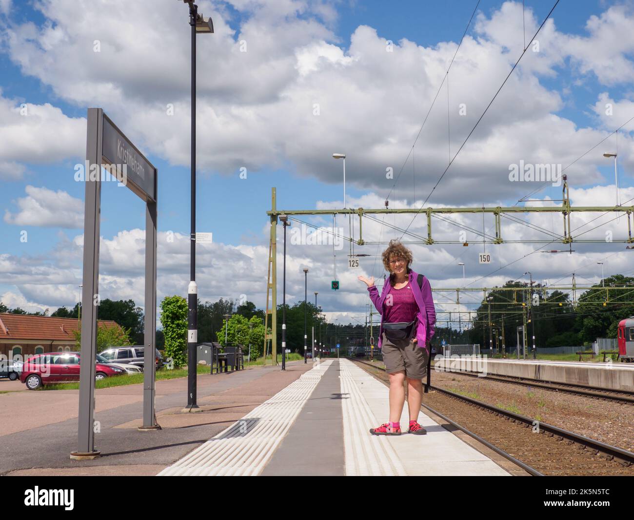 Kristinehamn, Sweden -June, 2021: Tourist on platform for the train station. Scandinavia. North Europe. Stock Photo