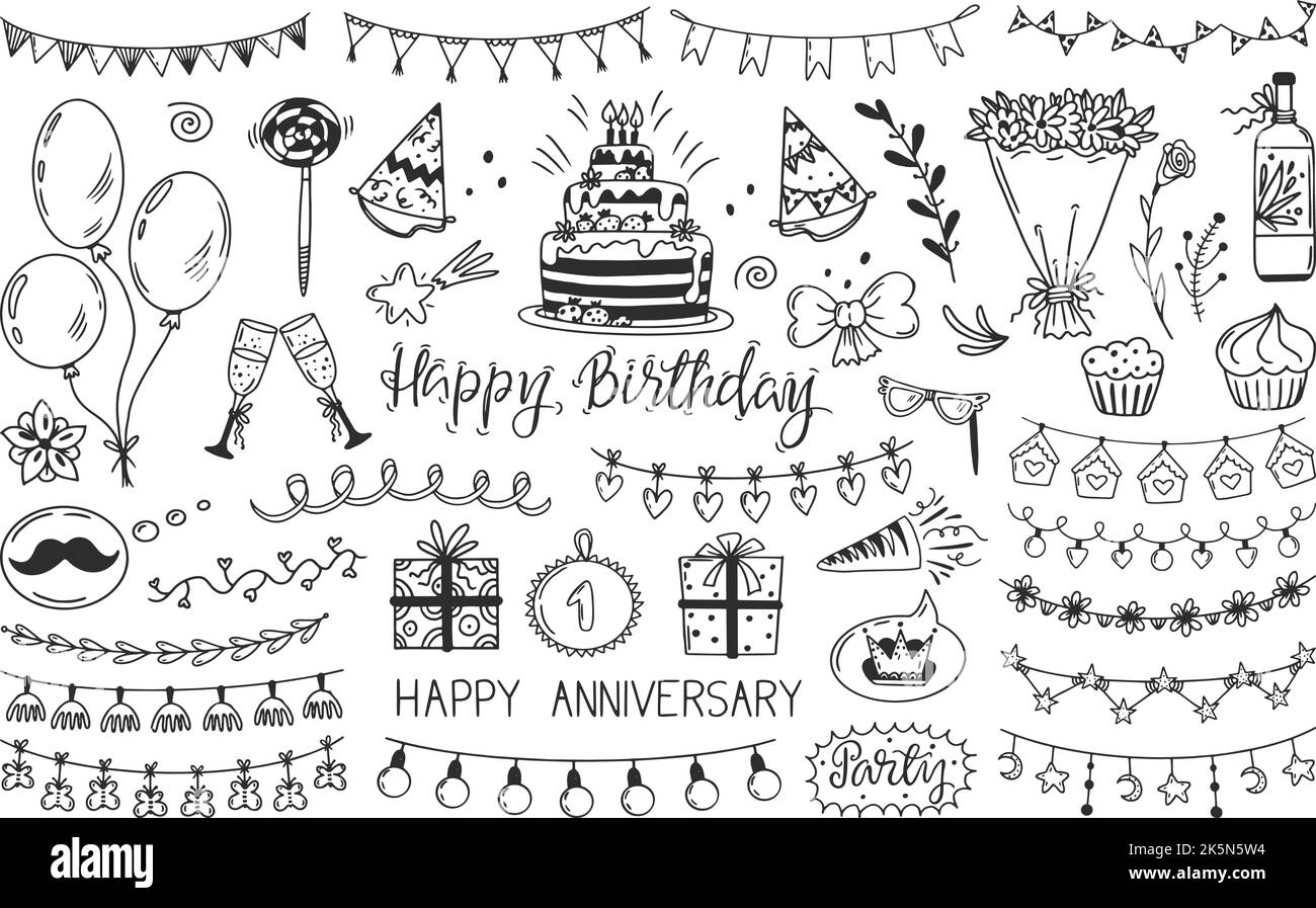 Doodle anniversary birthday elements. Draw congratulations, gifts, garlands and cake. Party decoration, balloons and drinks, neoteric vector design Stock Vector
