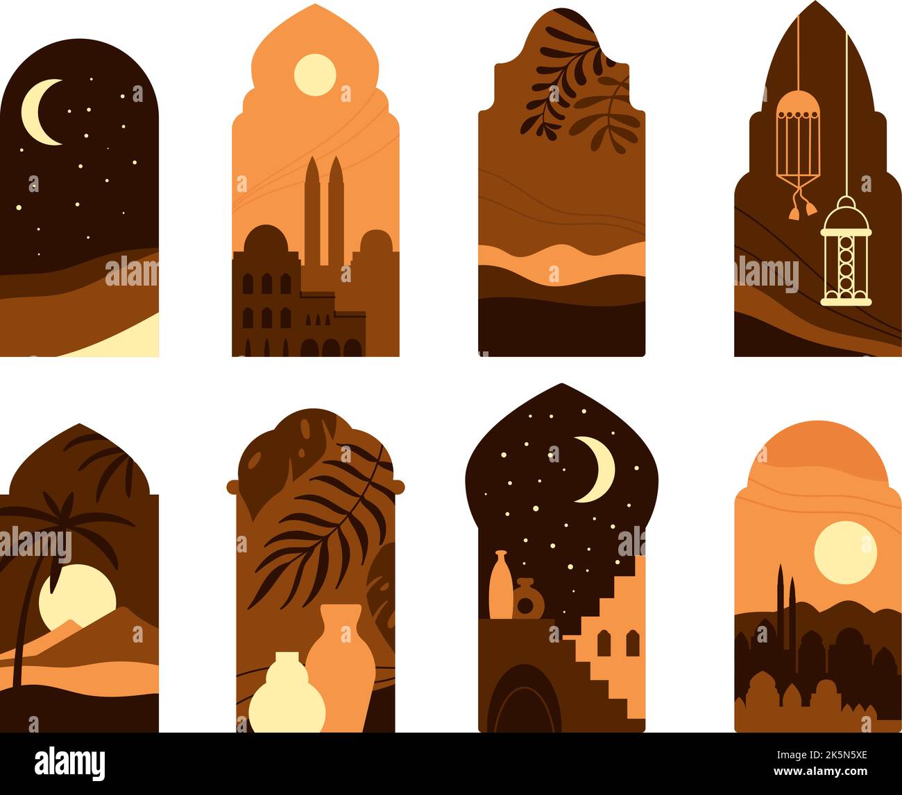 Oriental style windows with moon, mosque domes and plants. Islamic