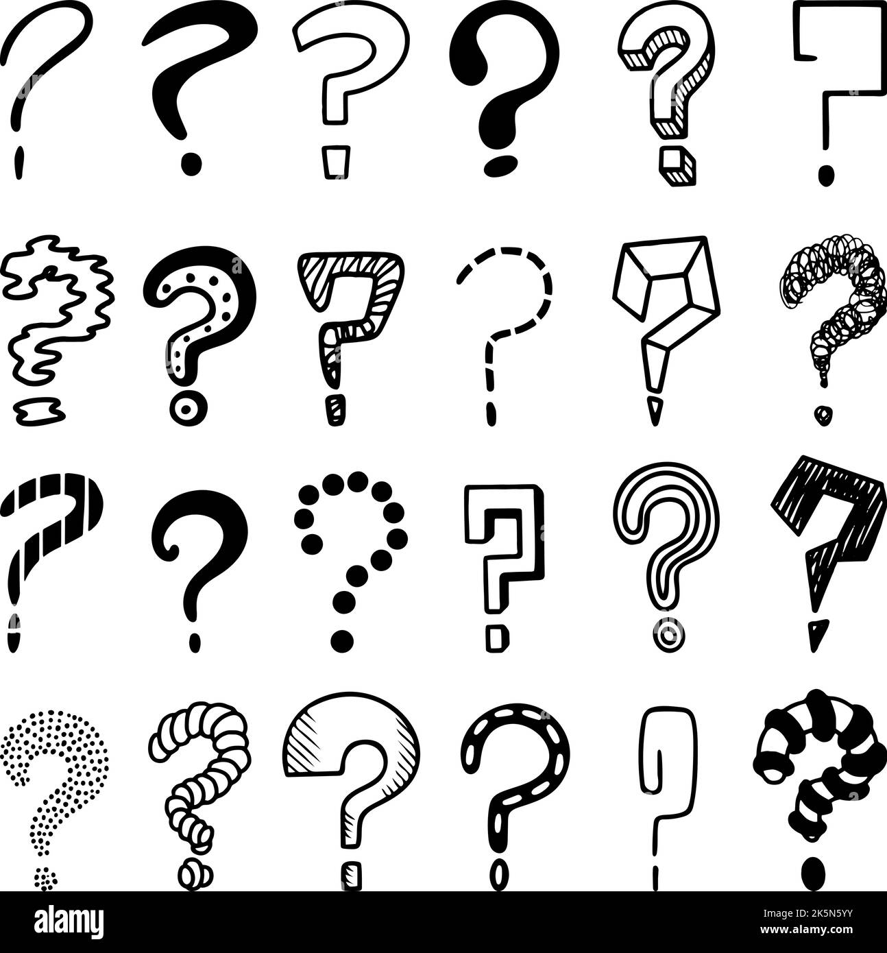 Sketch question marks. Why signs, questions doodle mark set. Interrogative hand drawn point, doubt symbols. Think or problems neoteric vector set Stock Vector