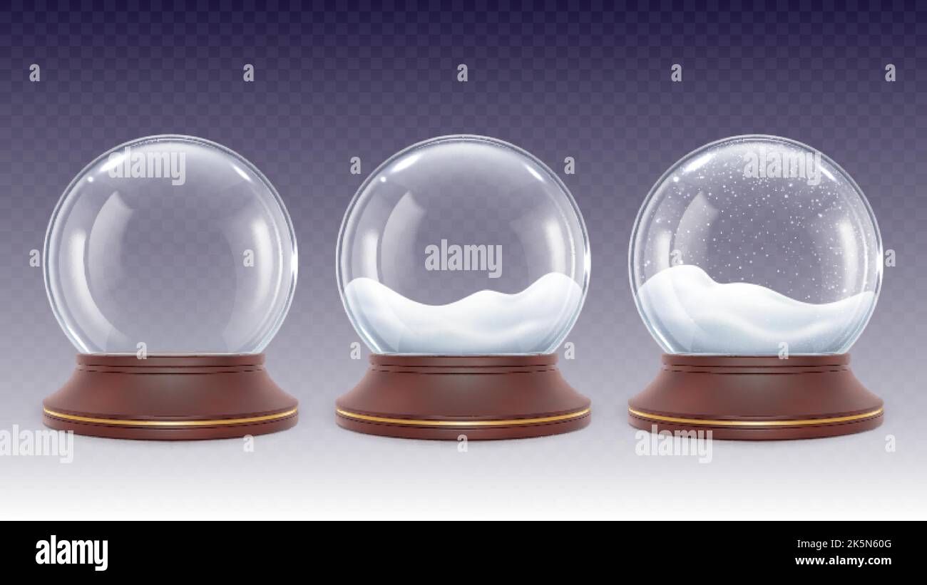 Realistic snowy glass globe. 3d snow globes, winter snowfall in crystal