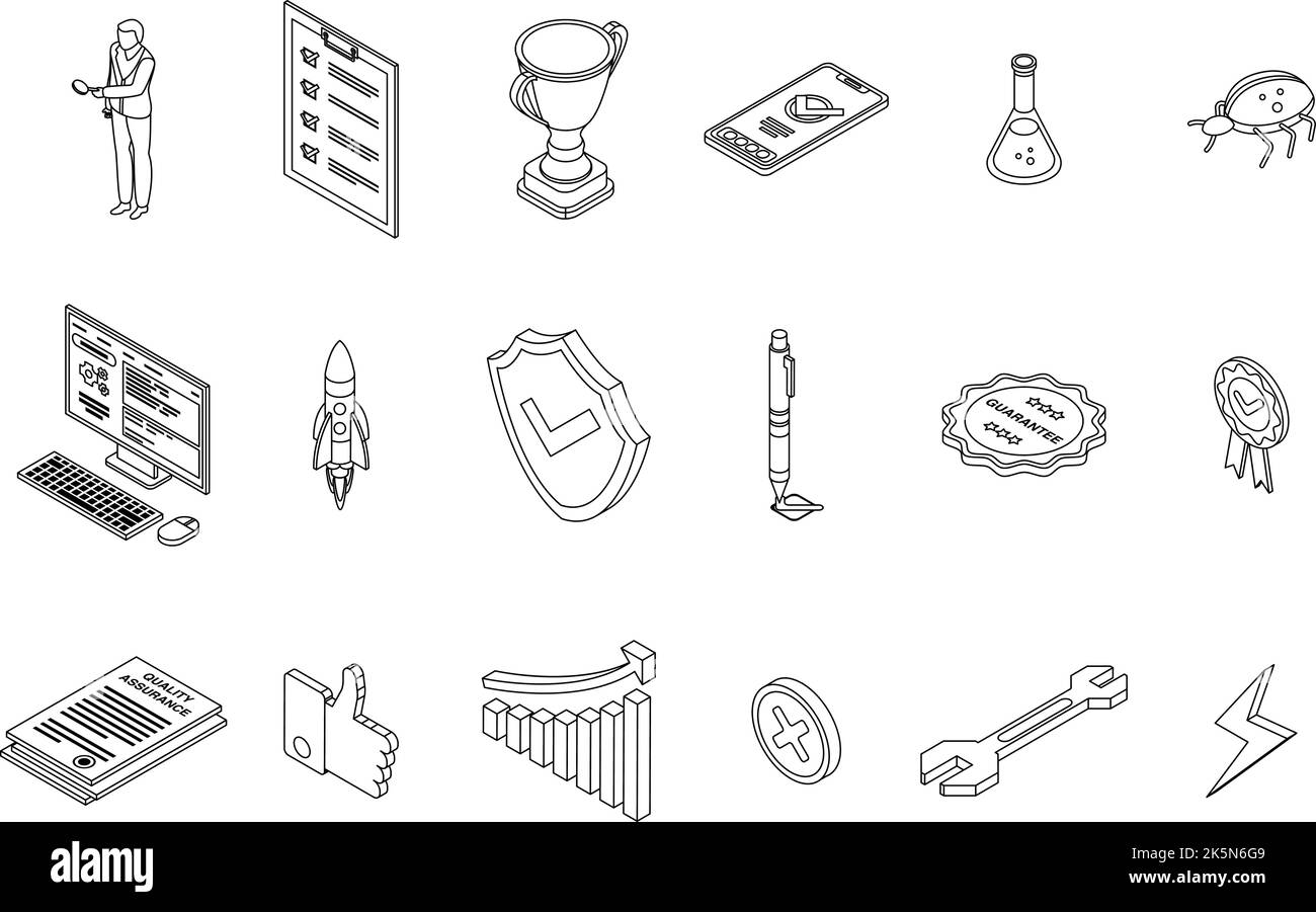Quality assurance icons set. Isometric set of quality assurance vector