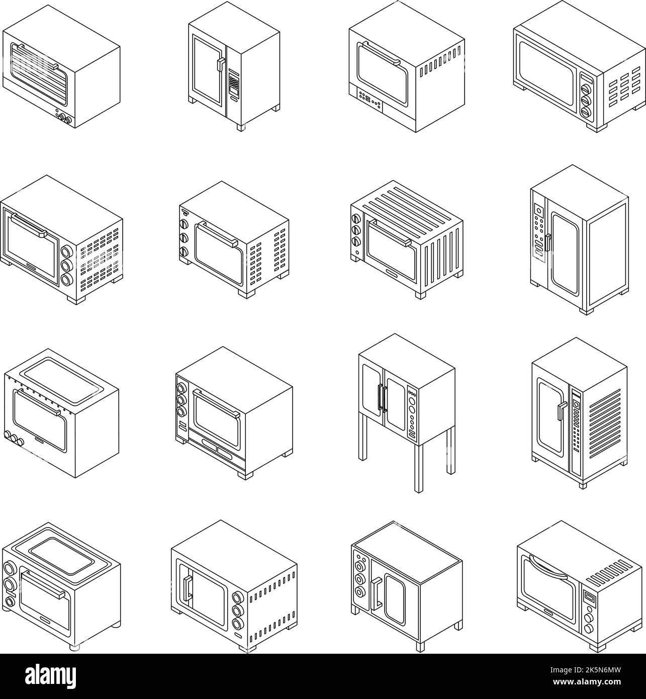 Convection oven icons set. Isometric set of convection oven vector icons outline thin lne isolated on white Stock Vector