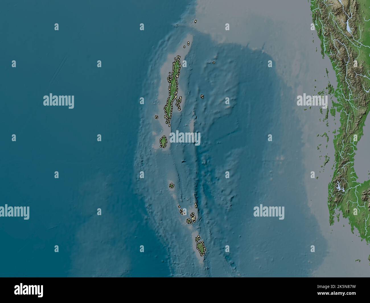 Andaman and Nicobar, union territory of India. Elevation map colored in wiki style with lakes