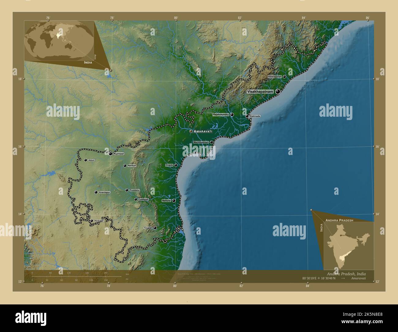 Andhra Rivers Andhra Pradesh, state of India. Colored elevation map with lakes and ...