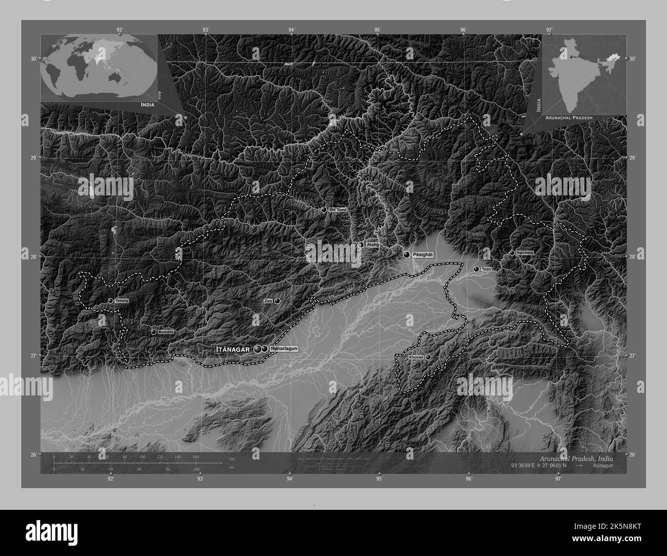 Arunachal Pradesh, state of India. Grayscale elevation map with lakes and rivers. Locations and