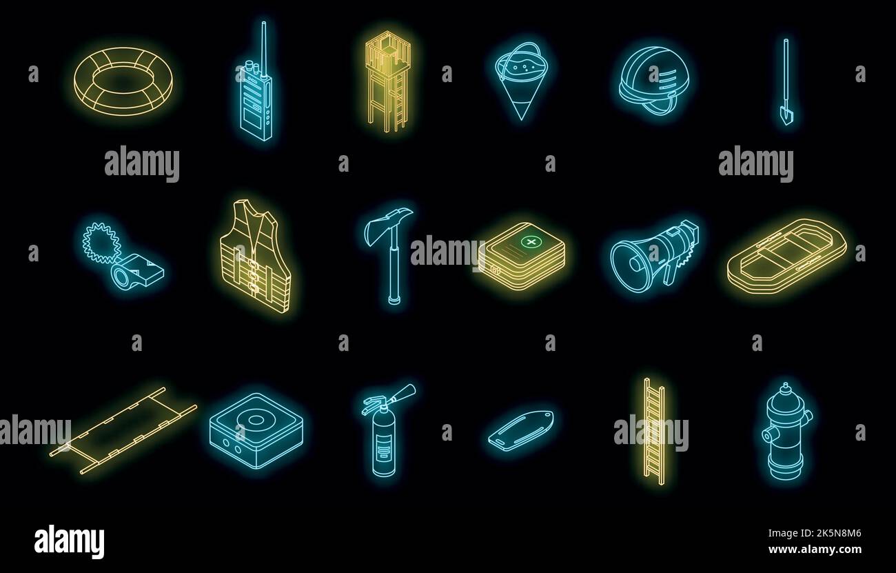 Rescuer icons set. Isometric set of rescuer vector icons neon color on ...