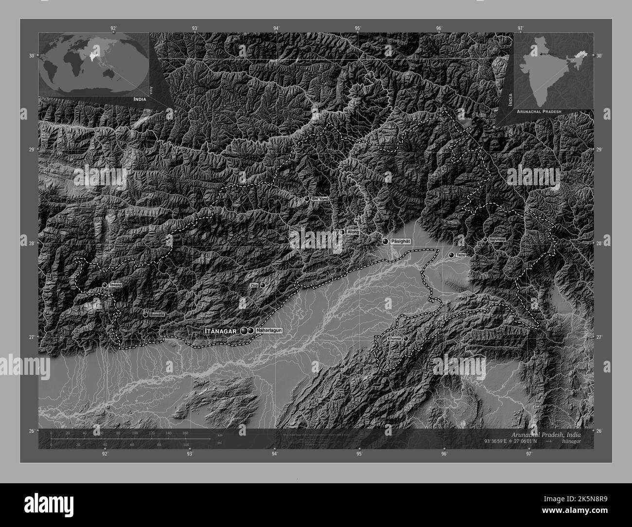 Arunachal Pradesh, state of India. Bilevel elevation map with lakes and rivers. Locations and