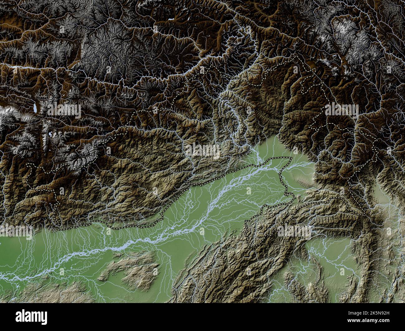 Arunachal Pradesh, state of India. Elevation map colored in wiki style with lakes and rivers