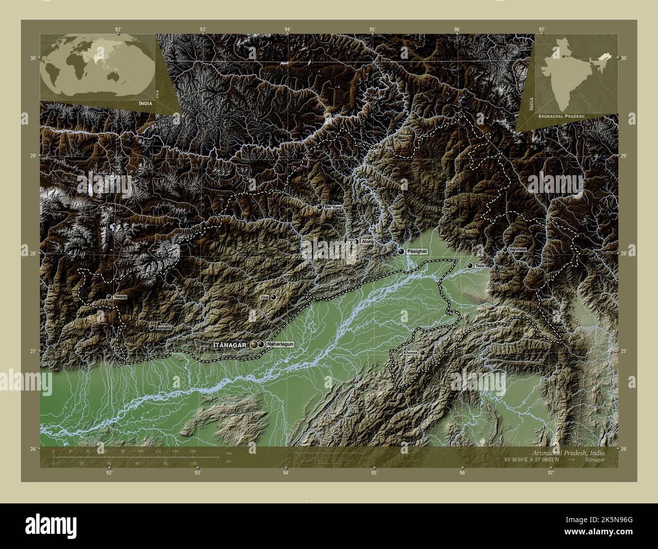 Arunachal Pradesh, state of India. Elevation map colored in wiki style with lakes and rivers