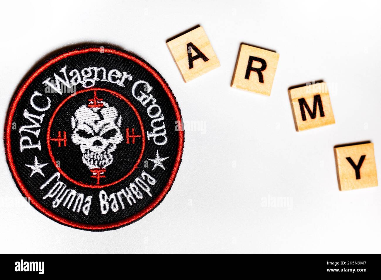 View of a logo of the Russian private security company 'Wagner Group' on white background Stock Photo