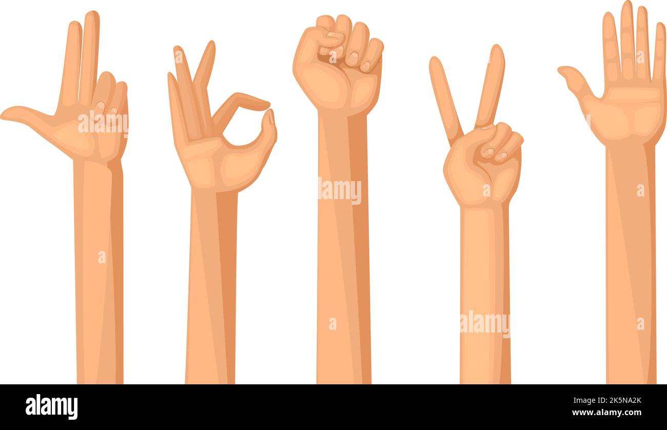 Hands gestures. Humans crowd pulls their hands up pointing. Vector conceptual background Stock Vector