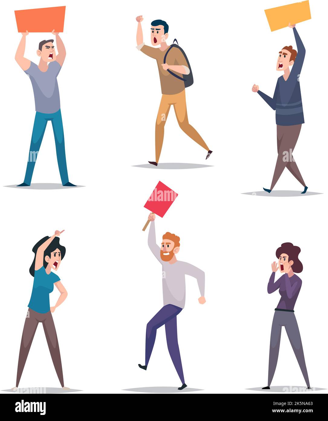 Protested characters. Agressive crowd holding protested banners exact vector strike person in action poses Stock Vector