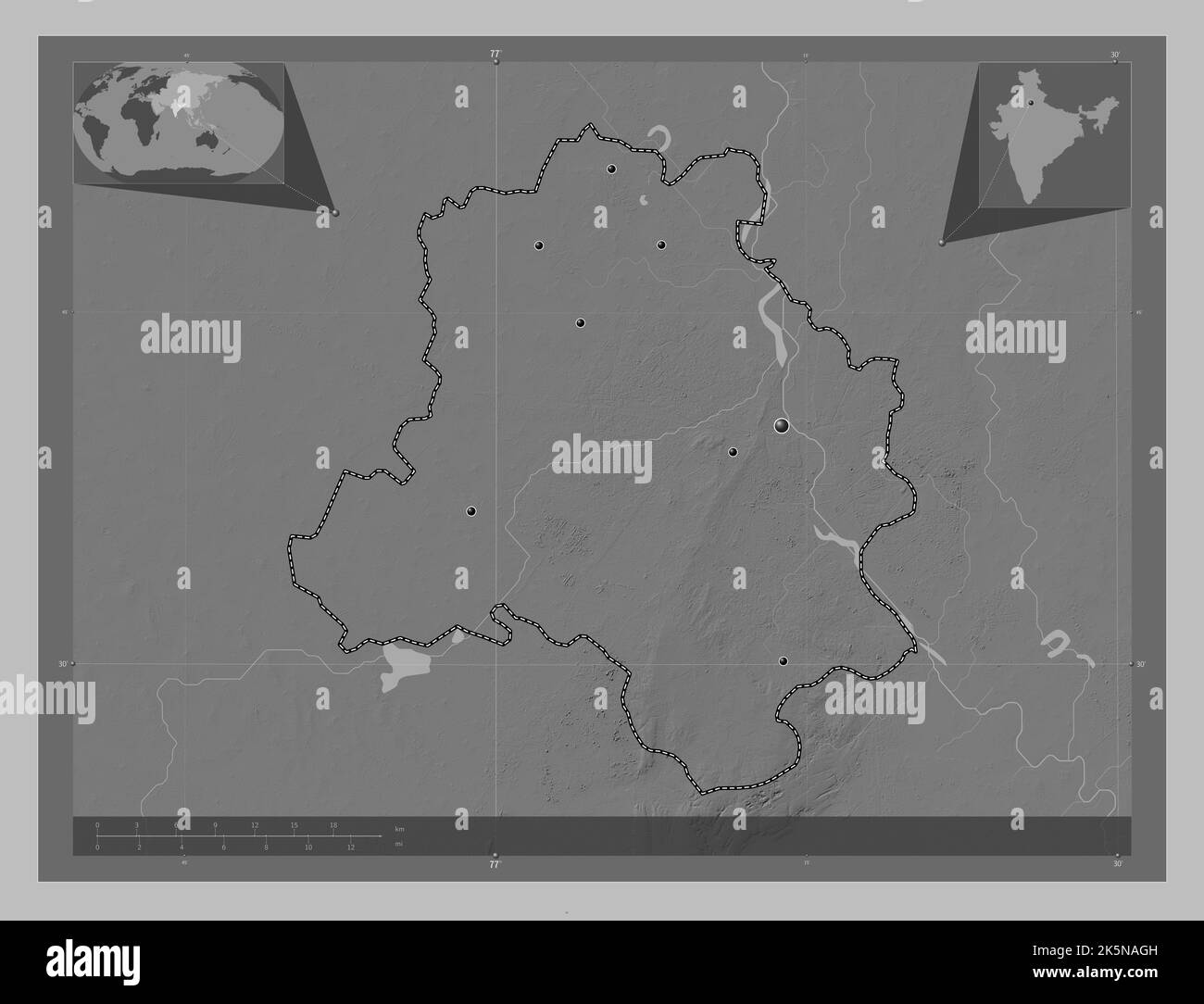 National Capital Territory of Delhi, union territory of India. Grayscale elevation map with