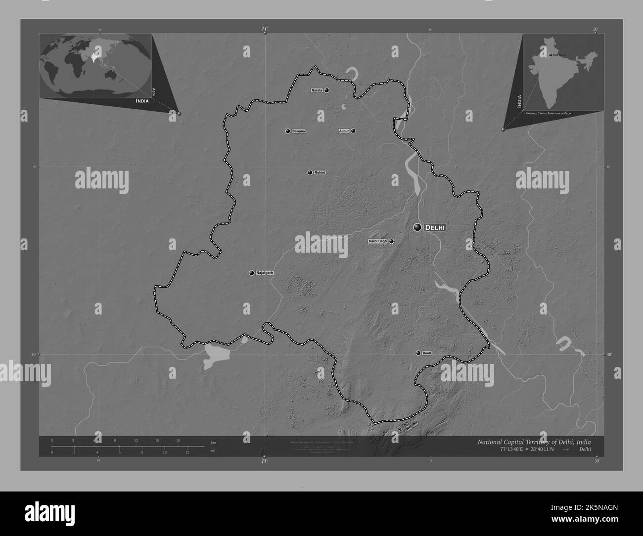 National Capital Territory of Delhi, union territory of India. Bilevel elevation map with lakes