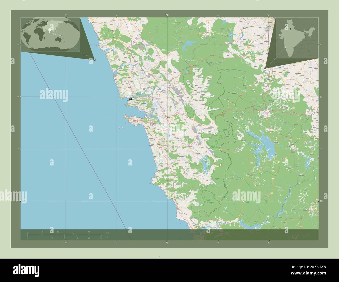Goa, state of India. Open Street Map. Corner auxiliary location maps ...