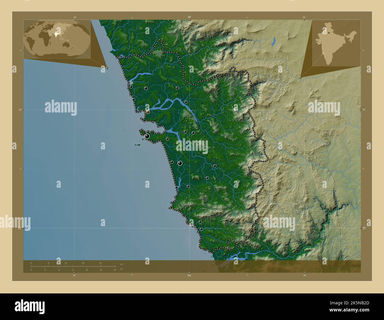 Goa, state of India. Colored elevation map with lakes and rivers. Locations of major cities of