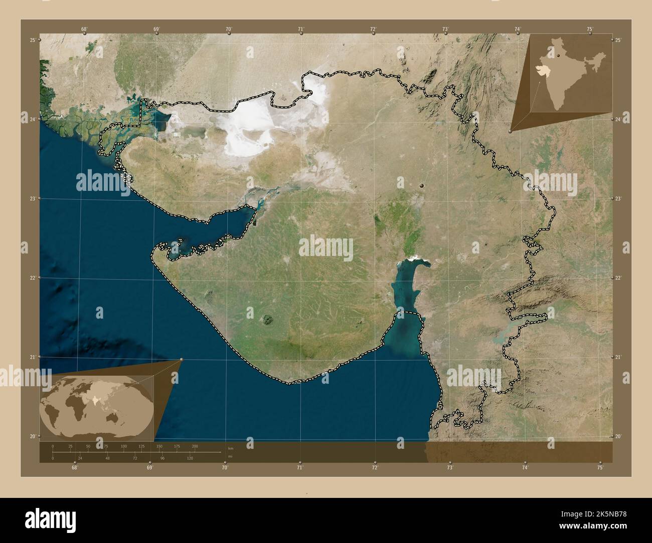 Gujarat, state of India. Low resolution satellite map. Corner auxiliary location maps Stock