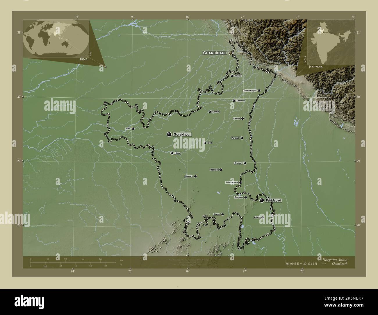 Haryana, state of India. Elevation map colored in wiki style with lakes and  rivers. Locations and names of major cities of the region. Corner auxiliar  Stock Photo - Alamy