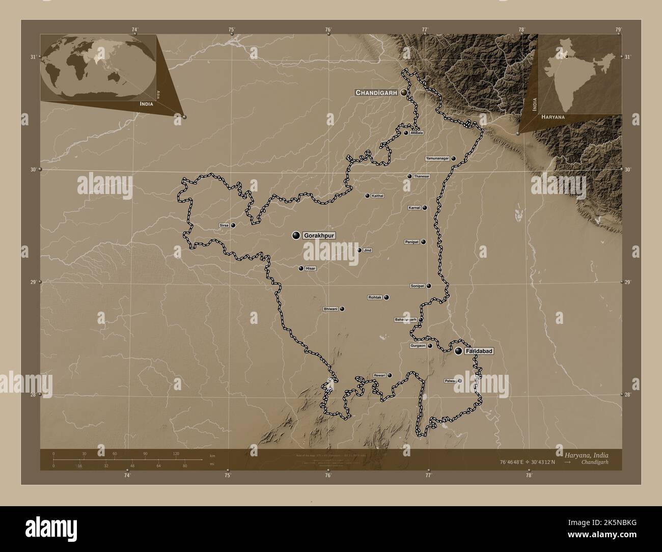 Haryana, state of India. Elevation map colored in sepia tones with ...