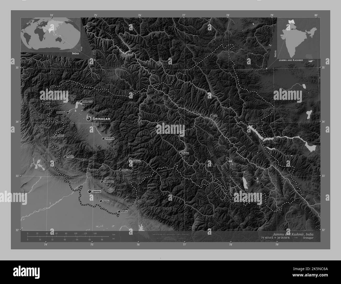 Jammu and Kashmir, state of India. Grayscale elevation map with lakes ...