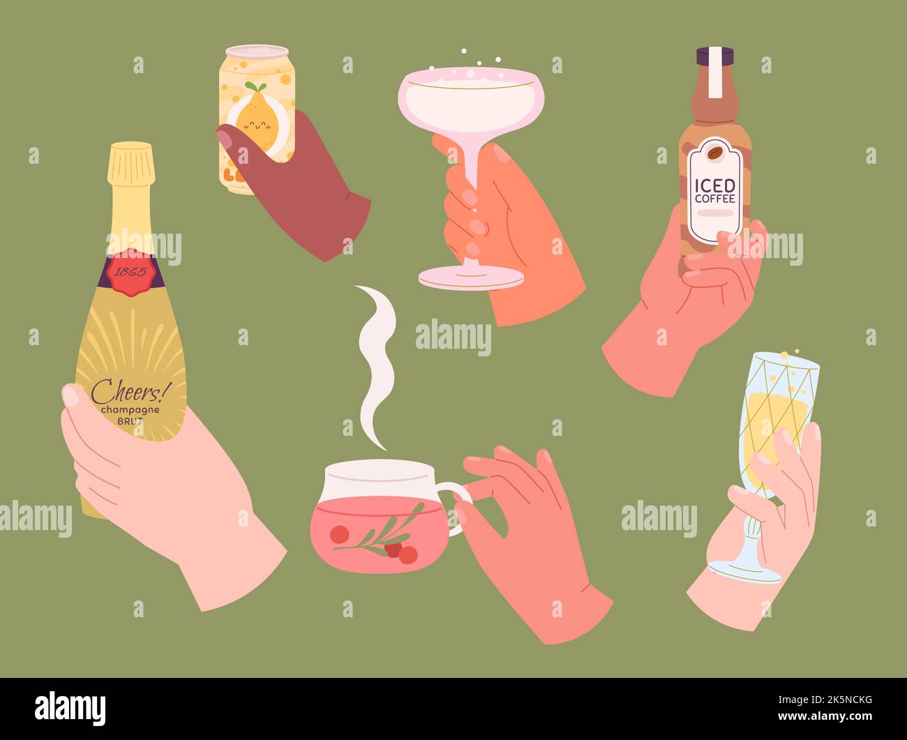 Hands holding different drinks. Bottle champagne in hand, glasses sparkle wine, lemonade in can and iced coffee. Party beverages vector set Stock Vector