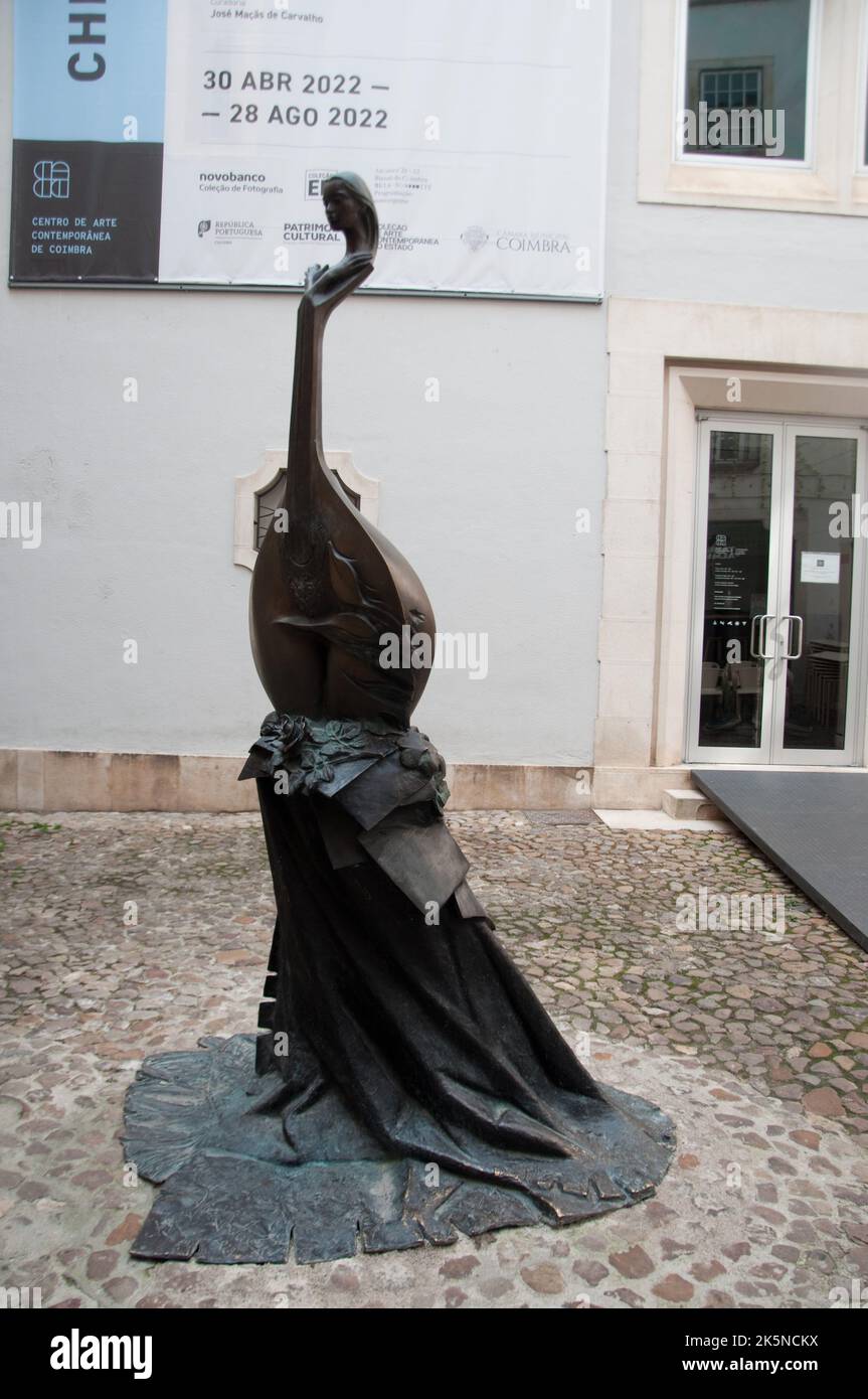 Statue of a musical instrument near Arco de Almedina, Coimbra, Portugal Stock Photo