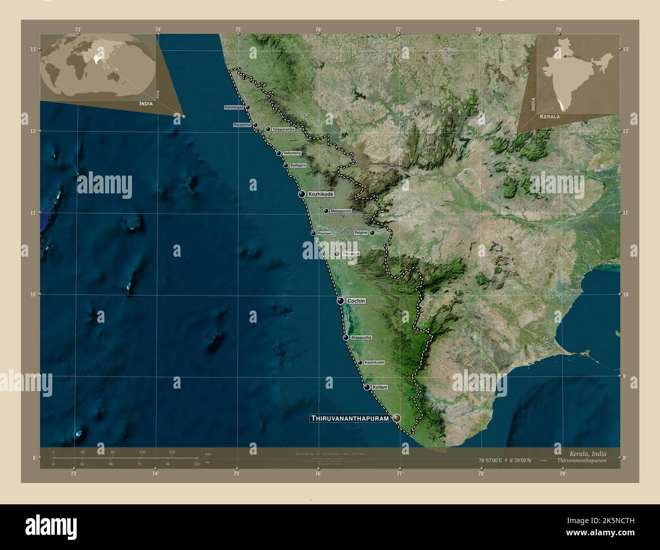 Kerala, state of India. High resolution satellite map. Locations and names of major cities of