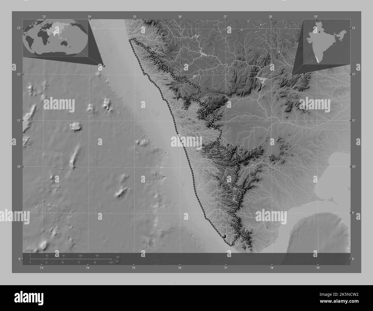Kerala, state of India. Grayscale elevation map with lakes and rivers