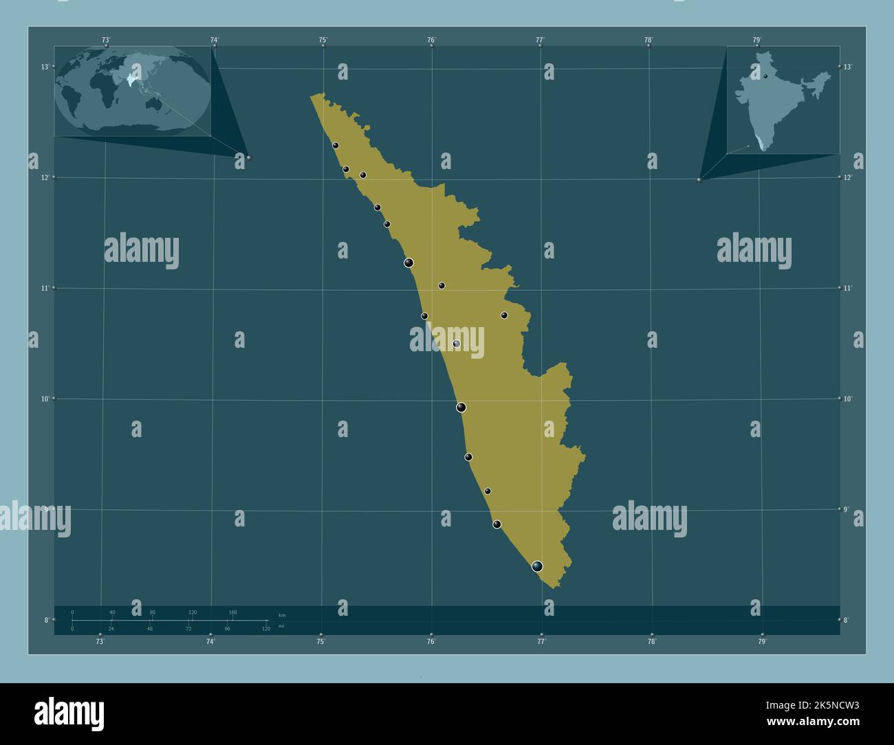 Kerala, state of India. Solid color shape. Locations of major cities of ...
