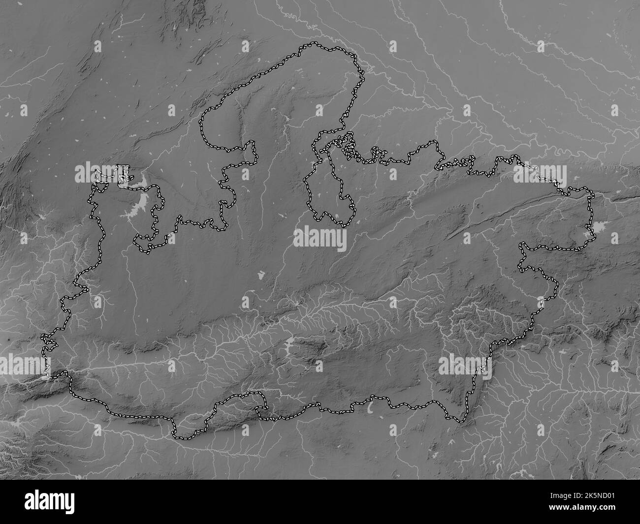 Madhya Pradesh, state of India. Grayscale elevation map with lakes and rivers Stock Photo