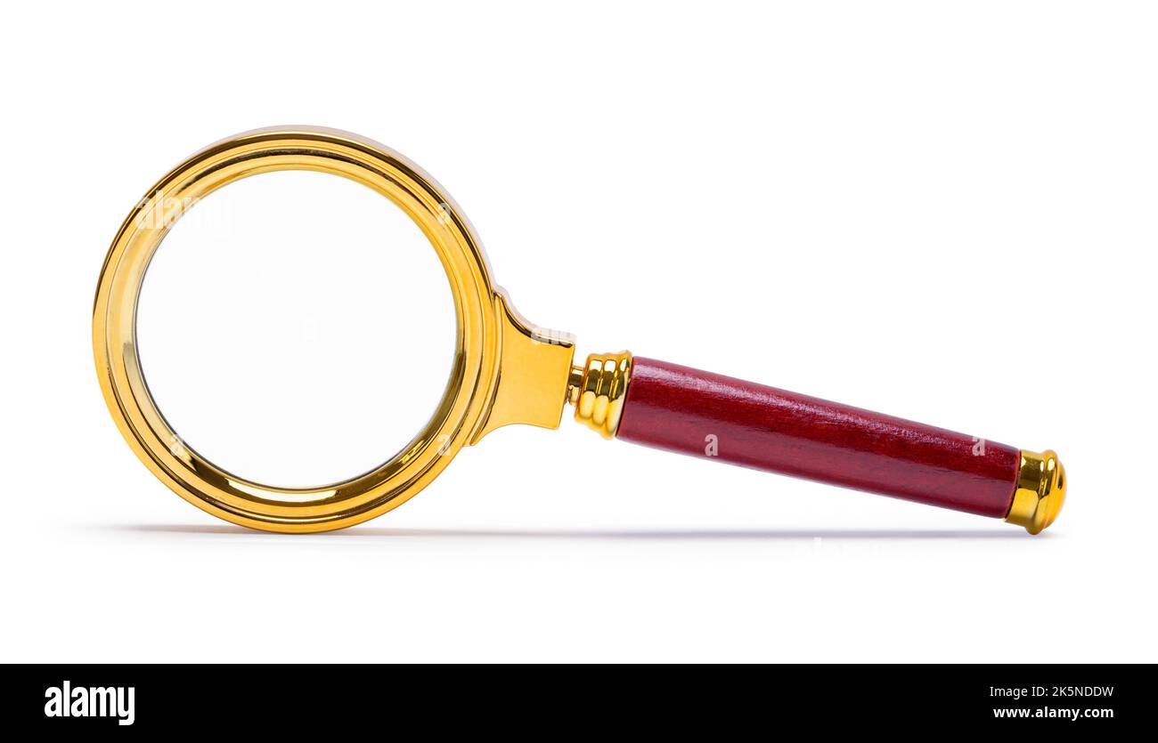 Gold Magnifying Glass Cut Out on White. Stock Photo