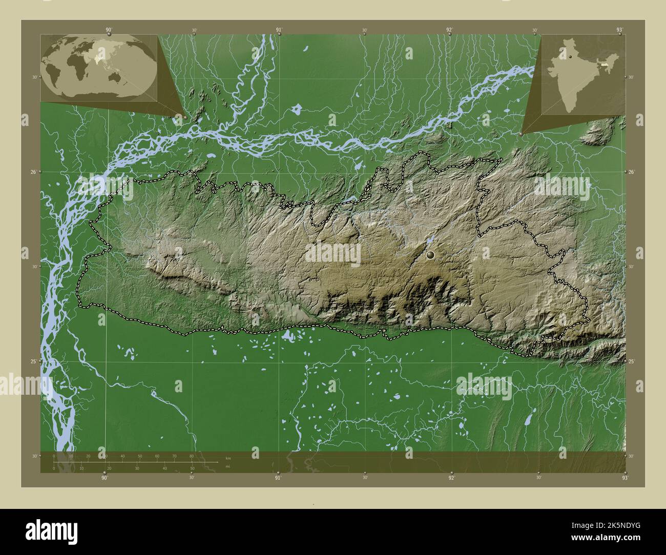 Meghalaya, state of India. Elevation map colored in wiki style with ...