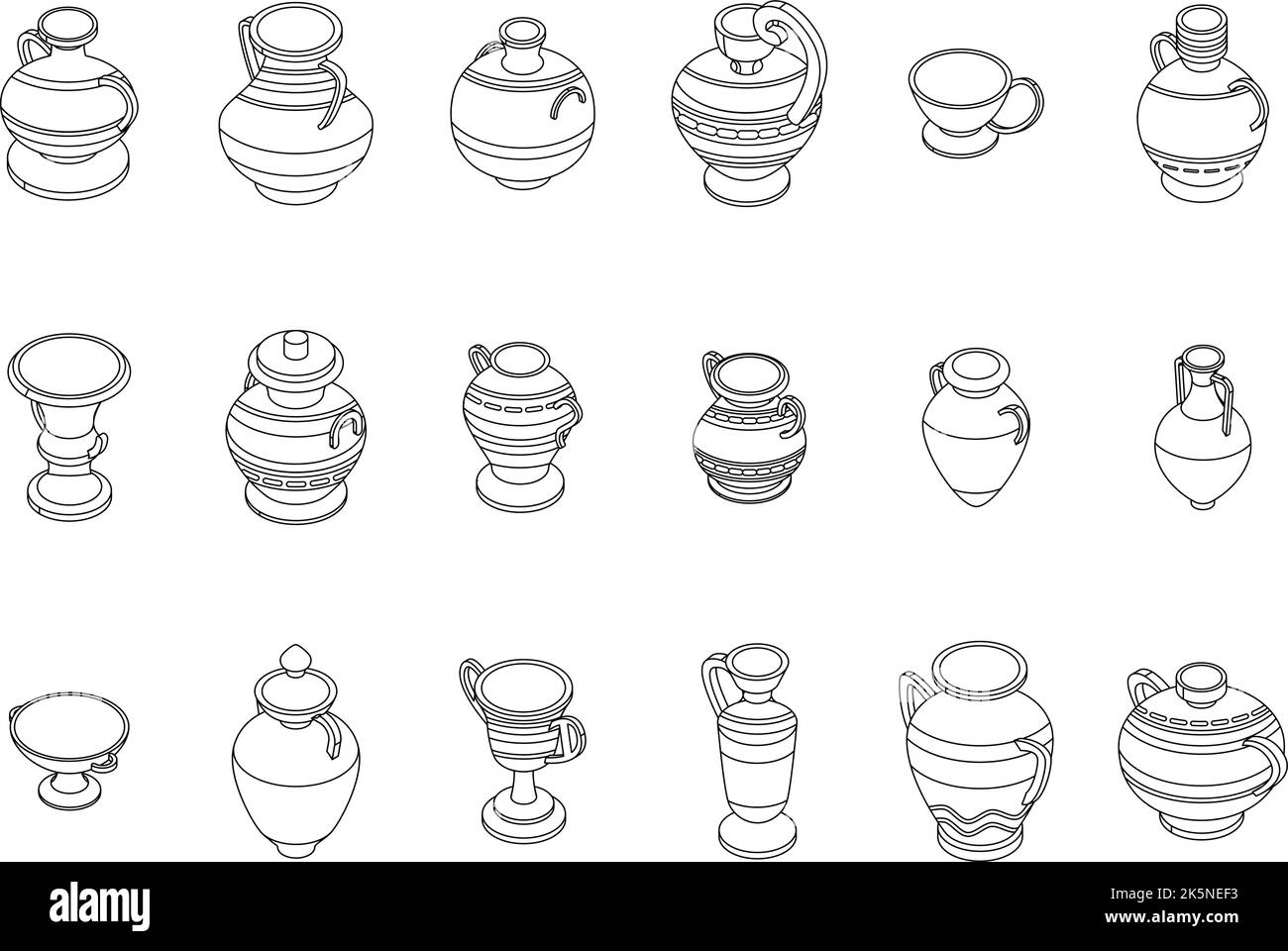 Amphora icons set. Isometric set of amphora vector icons outline thin