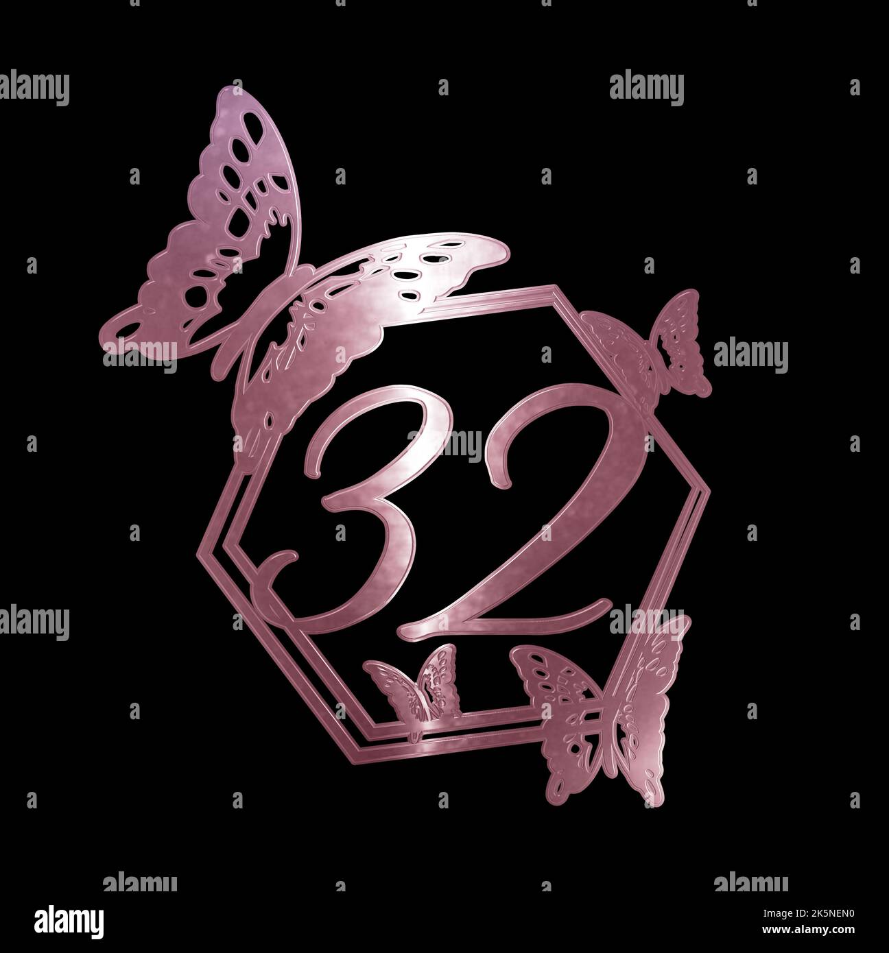 3d illustration number 30 rose gold with butterflies birthday black background Stock Photo