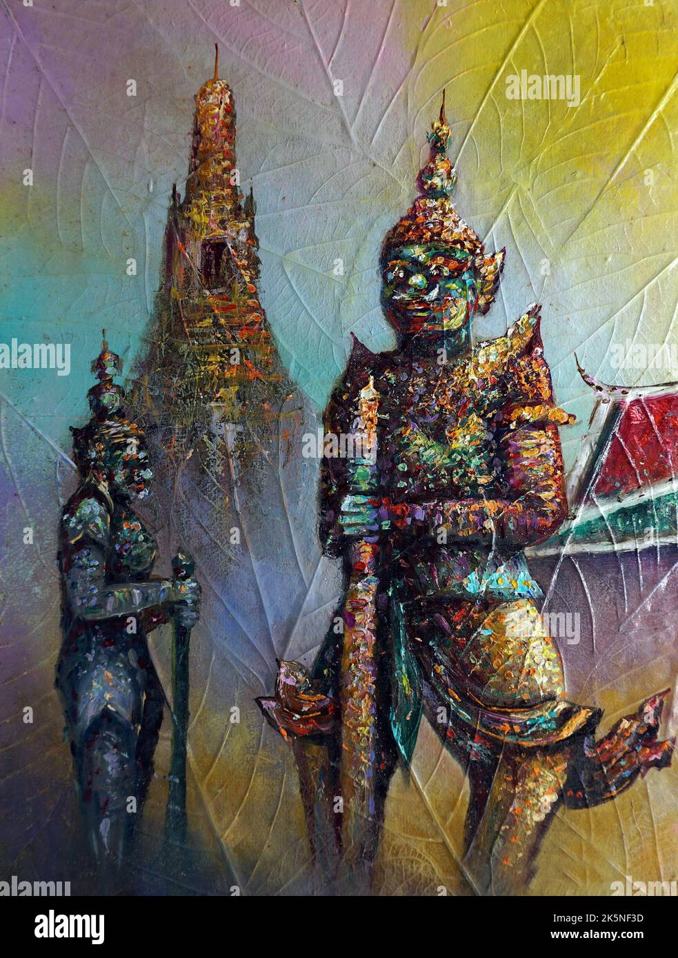 art oil painting Grand Palace bangkok Thailand , Ramayana story , Wat phra keaw , giant guardians Stock Photo
