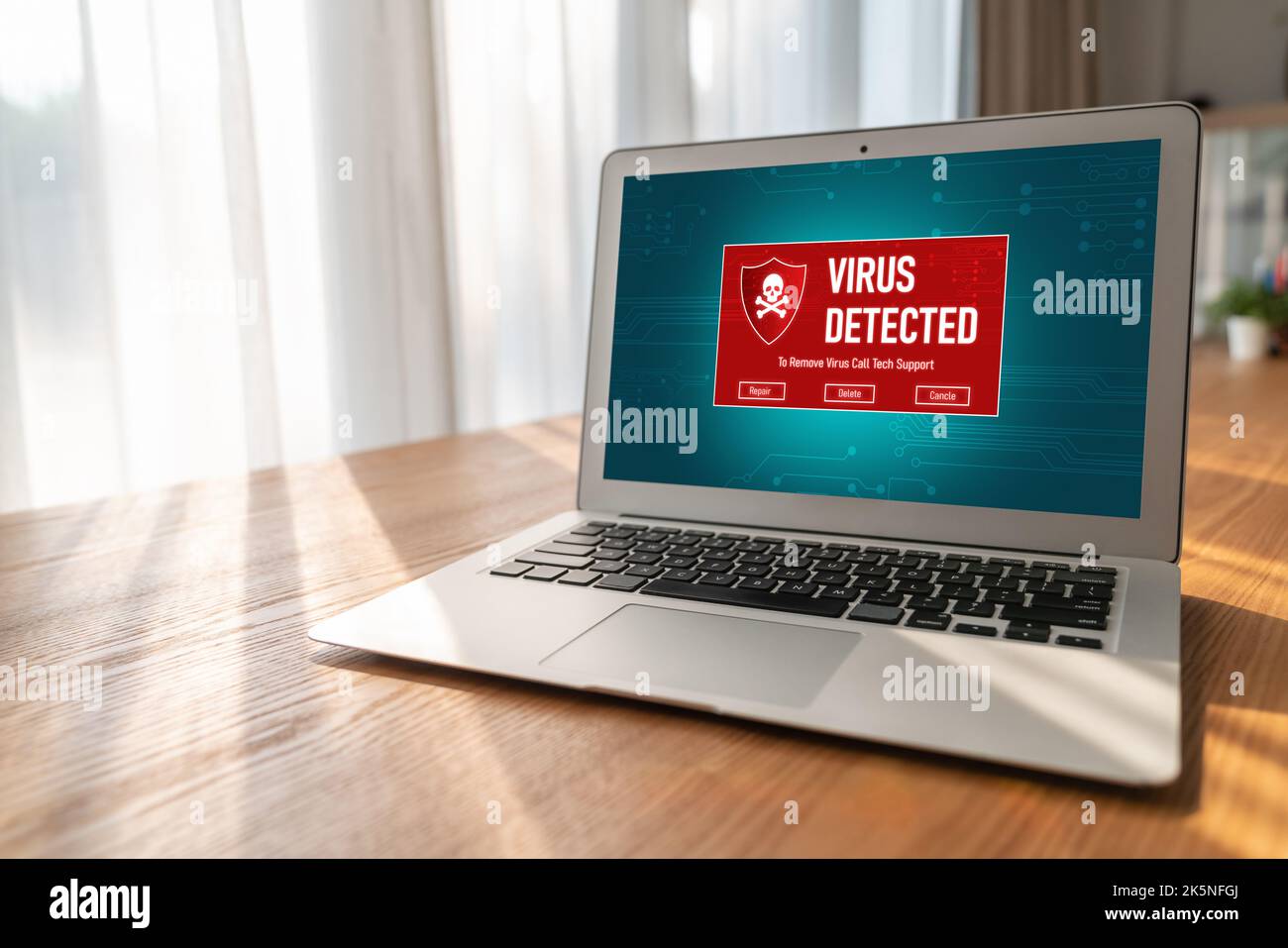 Virus warning alert on computer screen detected modish cyber threat , hacker, computer virus and malware Stock Photo
