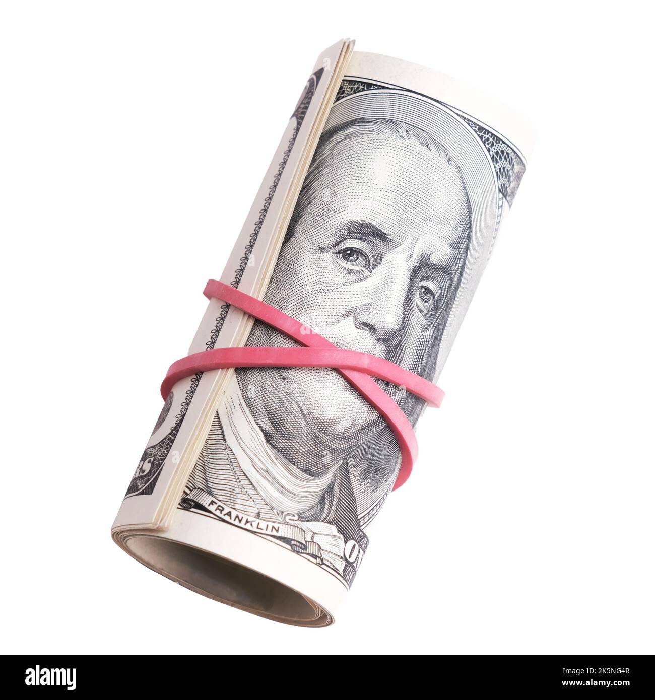 100 dollar bills are rolled up and tied with a rubber band, isolated on