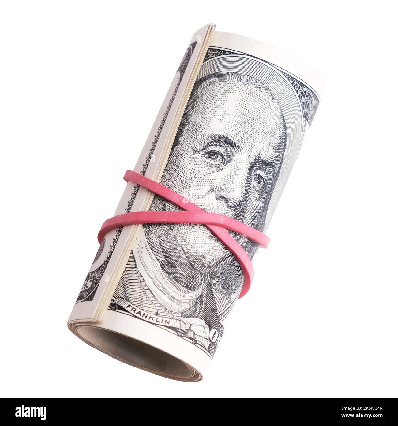 100 dollar bills are rolled up and tied with a rubber band, isolated on a white background, top view. United States of America economic crisis concept Stock Photo