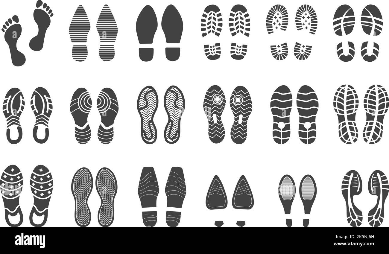Shoe traces. Foot prints man boot sole, identity footprints sneaker or barefoot feet step mark shoeprint stamp in mud footmark track shoes with heels, vector illustration of identity boot silhouette Stock Vector