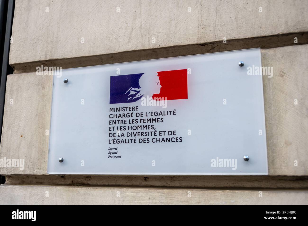 Close-up of the plaque attached to the entrance of the Ministry responsible for equality between women and men, Paris, France Stock Photo