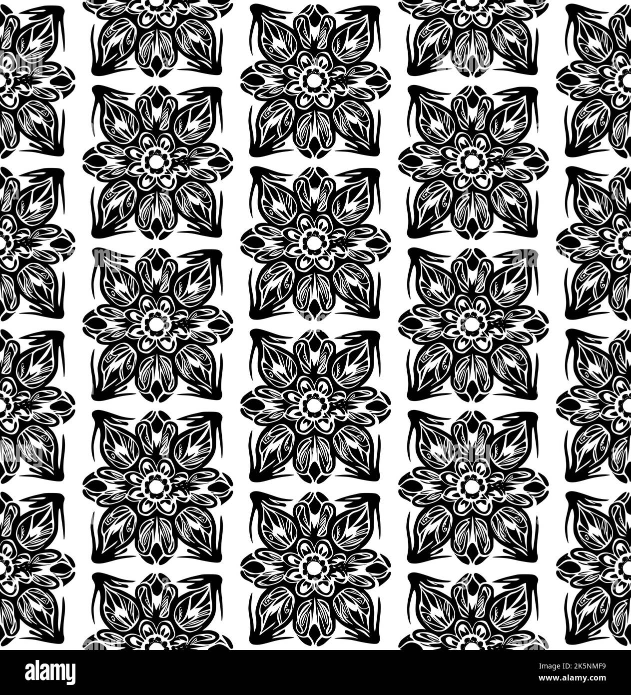 Seamless vector line art pattern made of flowers, black and white Stock ...