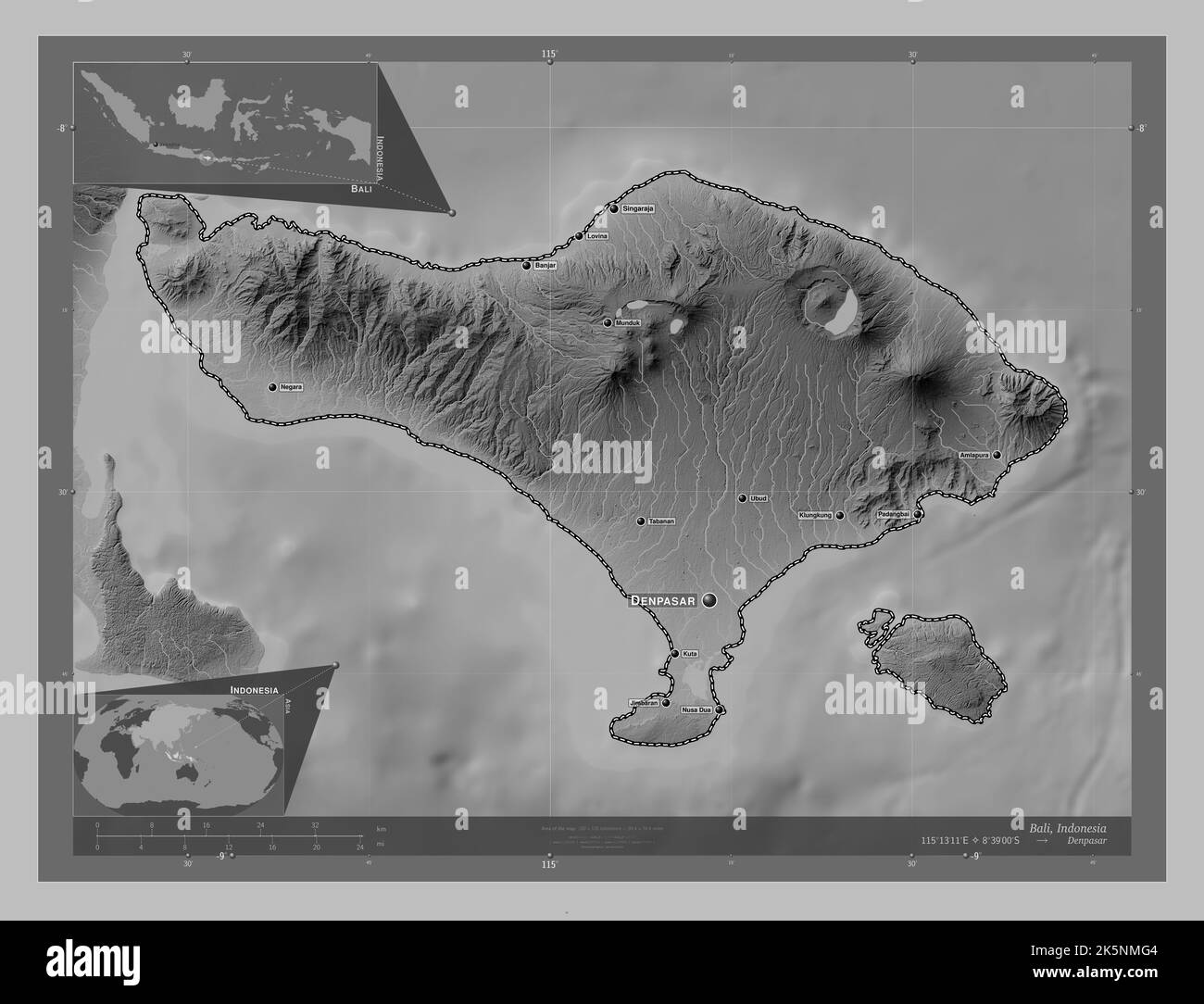 Bali, province of Indonesia. Grayscale elevation map with lakes and rivers. Locations and names