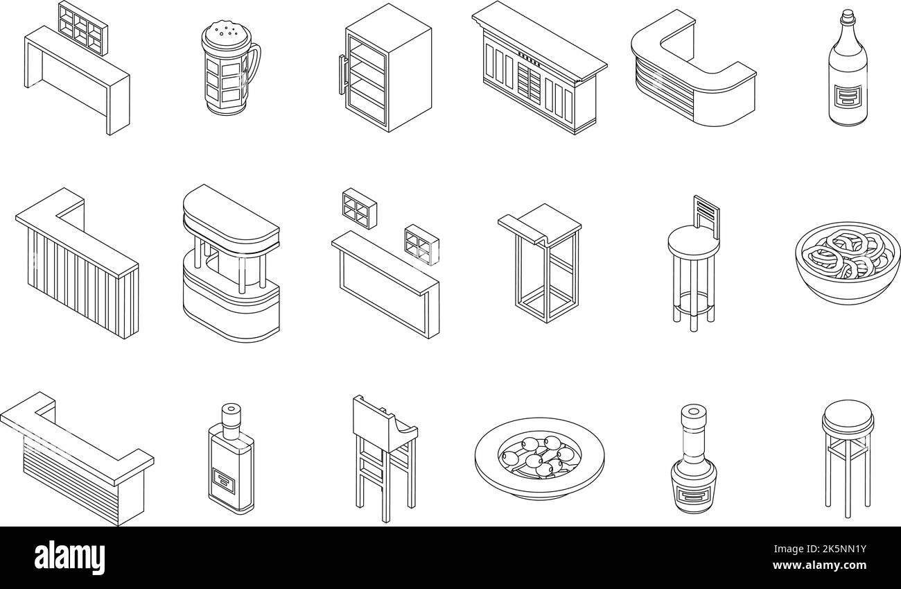 Bar counter icons set. Isometric set of bar counter vector icons outline thin lne isolated on white Stock Vector