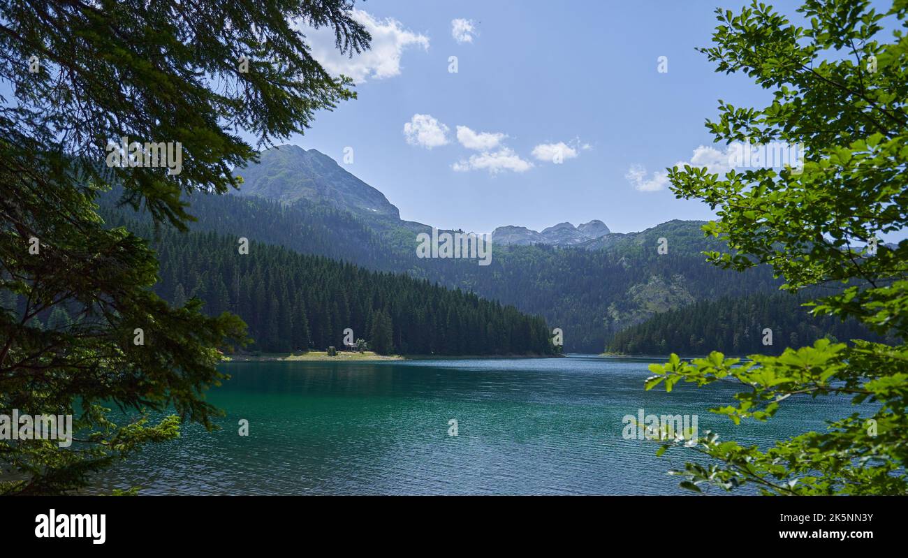 Beautiful view of the lake and mountains through the branches of trees. Stock Photo