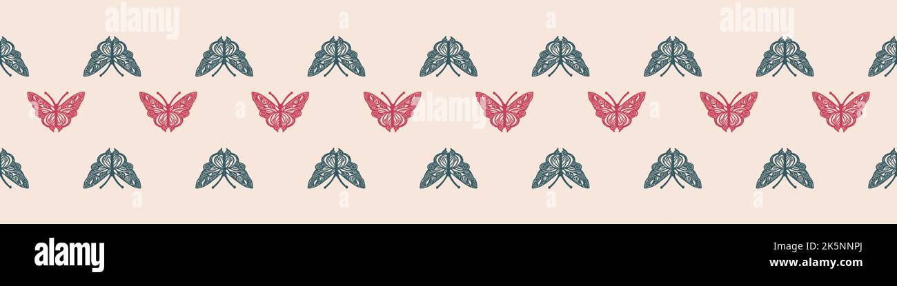 Retro butterfly seamless border. 70s style ecological insect garden ...