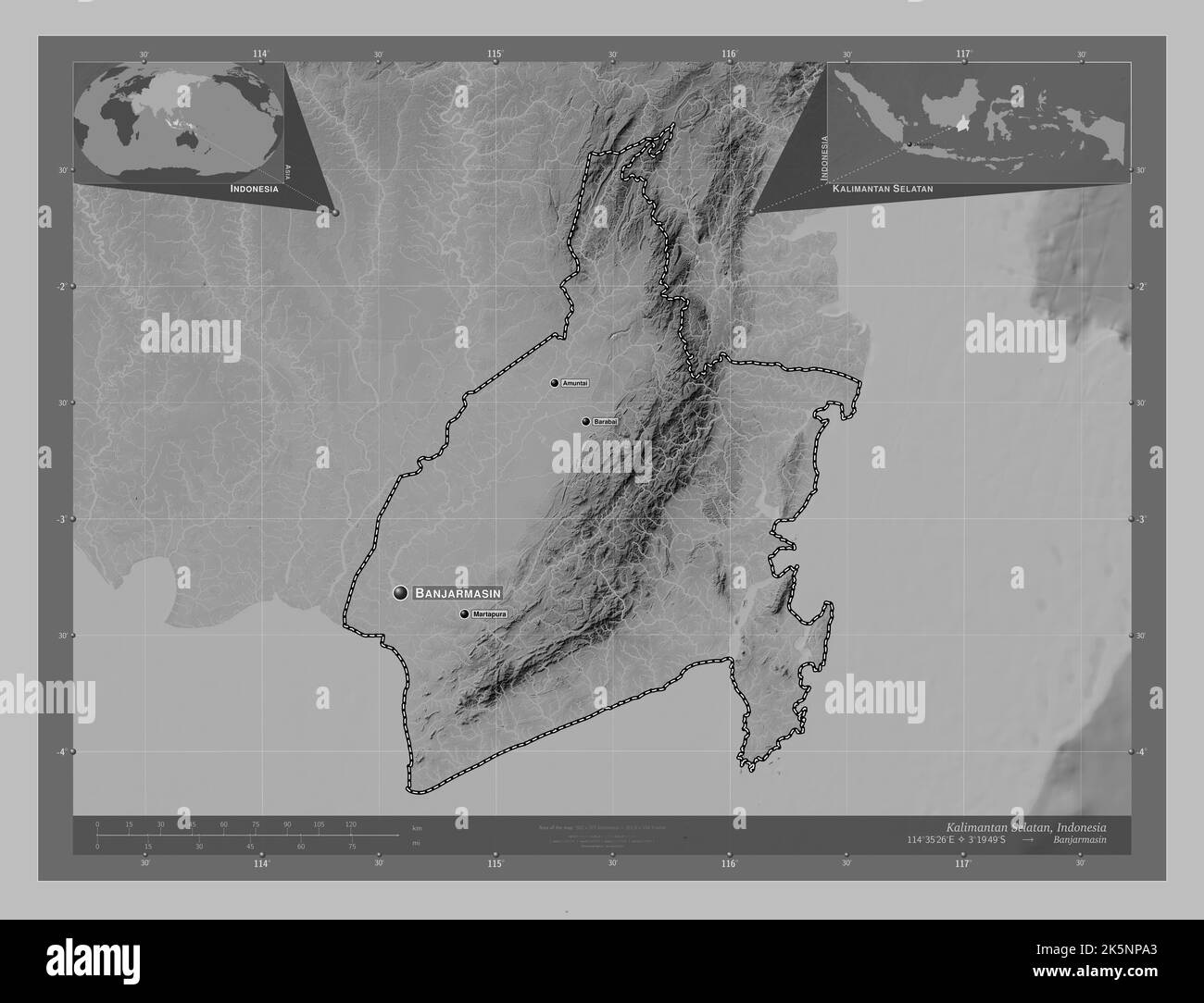 Kalimantan Selatan, province of Indonesia. Grayscale elevation map with lakes and rivers. Locations and names of major cities of the region. Corner au Stock Photo