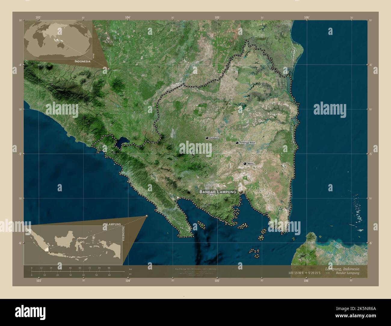 Lampung, province of Indonesia. High resolution satellite map. Locations and names of major cities of the region. Corner auxiliary location maps Stock Photo